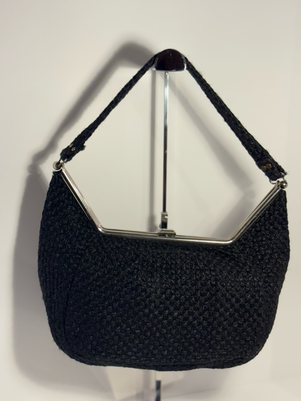 Vintage Kisslock Black Woven Shoulder Bag with Silver Frame